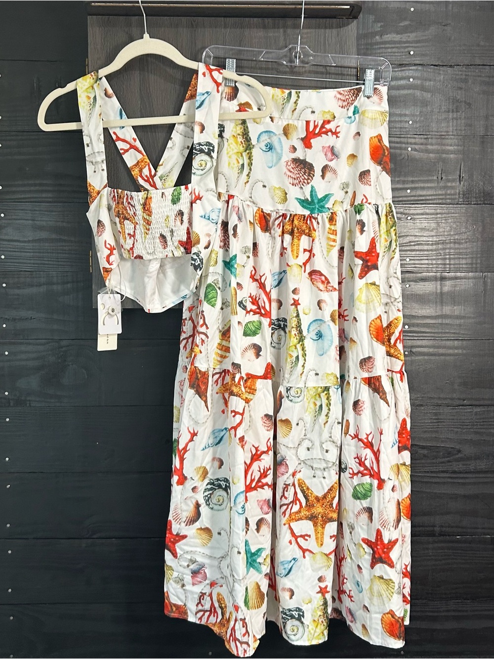 NWT COMMENSE Coastal Seashell Print Crop Top Tiered Maxi Skirt Set Size Small - Picture 2 of 3